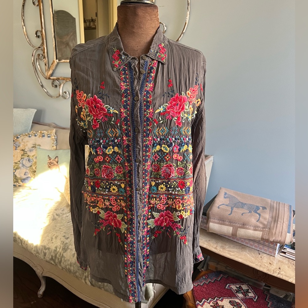 Johnny Was Multicolor Embroidered Button Down Shirt